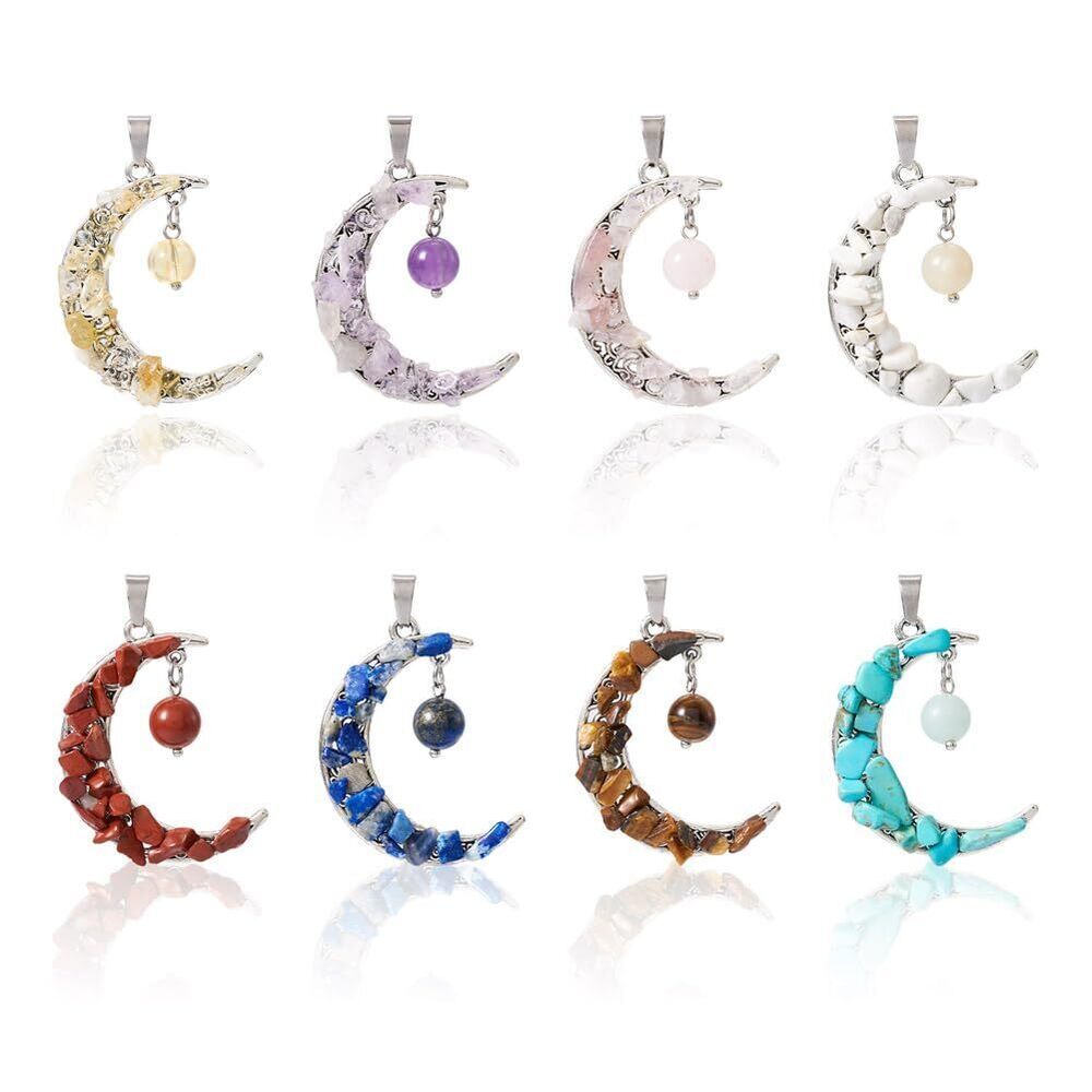 1510 8Pcs Tibetan Moon Charms with Chip Stone Natural Synthetic Gemstone